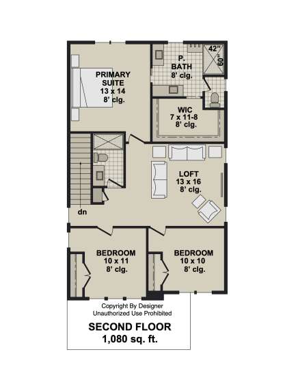 Second Floor: 3BR, 2BA, Loft, Primary Suite with WIC, 8' ceilings throughout, stairs. House Plan # 098-00697 Second Floor Floor Plan Drawing by America's Best House Plans, Inc.