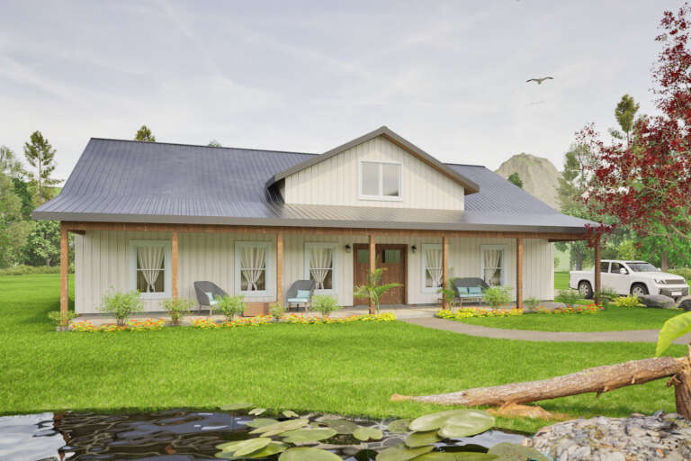 Off-white Country, Angled Front Elevation, board-and-batten siding, metal roof, wood porch posts, pond, and landscaping. House Plan # 3822-00014 Digital Rendering by America's Best House Plans, Inc.