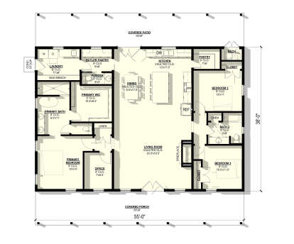 Main Floor: 3BR, 2.5BA, Office, Vaulted Living/Dining/Kitchen, Butler Pantry, Ldry, Mudroom, Fireplace, Covered Patio/Porch. House Plan # 3822-00014 Main Floor  Floor Plan Drawing by America's Best House Plans, Inc.