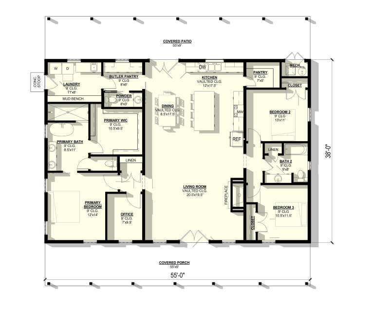 Main Floor: 3BR, 2.5BA, Office, Vaulted Living/Dining/Kitchen, Butler Pantry, Ldry, Mudroom, Fireplace, Covered Patio/Porch. House Plan # 3822-00014 Main Floor  Floor Plan Drawing by America's Best House Plans, Inc.