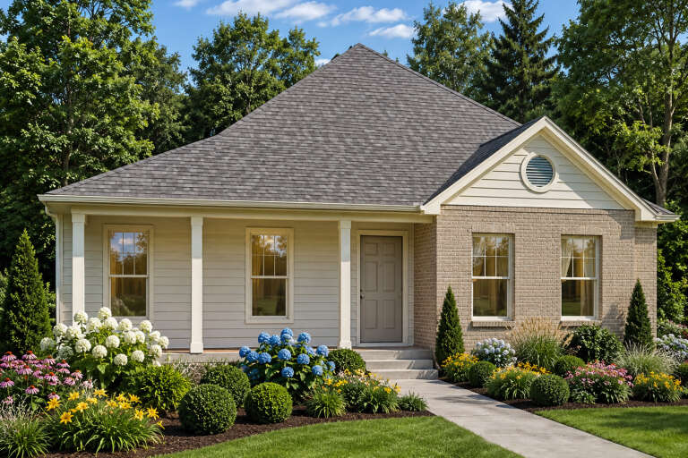 Beige Traditional, Angled Front Elevation with brick and siding, covered porch, concrete walk, and lush garden landscape. House Plan # 8768-00234 Digital Rendering by America's Best House Plans, Inc.