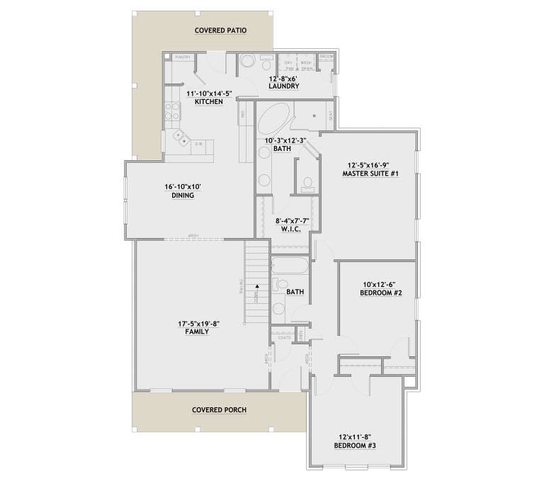 Main Floor: 3BR, 2BA, Family, Dining, Kitchen, Ldry, WIC, Pantry, Stairs, Covered Porch, Covered Patio. Unheated: porch/patio. House Plan # 8768-00234 Main Floor  Floor Plan Drawing by America's Best House Plans, Inc.