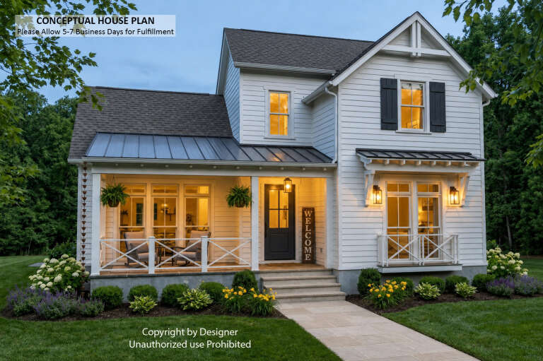 White Modern Farmhouse, Angled Front Elevation at Dusk, lap siding, metal roof, lit porch, stone path, lush landscaping. House Plan # 098-00698 Digital Rendering by America's Best House Plans, Inc.