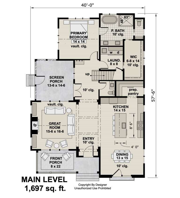 Main Floor: 1BR, 1.5BA, Great Room, Kitchen, Dining, Pantry, Ldry, WIC, Stairs, Screen Porch, Front Porch, FP, Vaulted clg. House Plan # 098-00698 Main Floor  Floor Plan Drawing by America's Best House Plans, Inc.