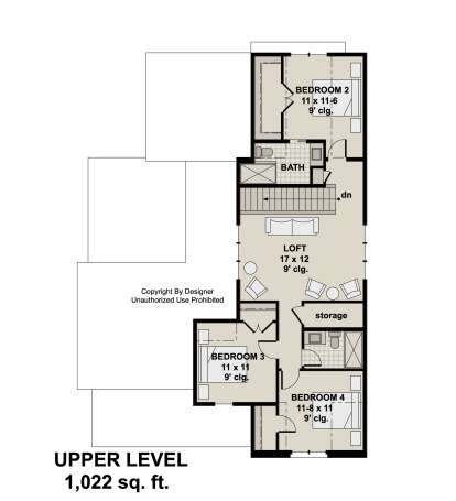 Second Floor: 3BR, 2BA, Loft, storage, stairs. 9' ceilings throughout. House Plan # 098-00698 Second Floor Floor Plan Drawing by America's Best House Plans, Inc.