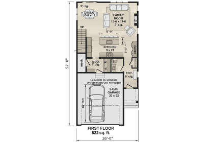 Main Floor: 0BR, 0.5BA, Kitchen, Dining, Family, Foyer, Mud, Ldry, 2-car garage, stairs, pantry, fireplace, 9' ceilings. House Plan # 098-00699 Main Floor  Floor Plan Drawing by America's Best House Plans, Inc.