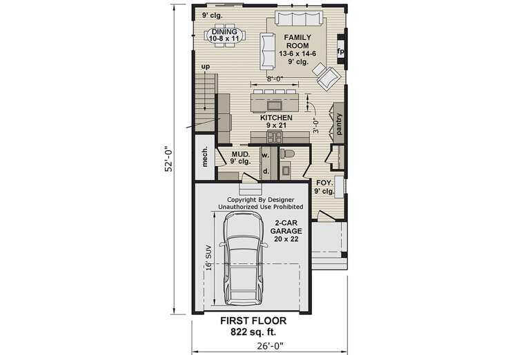 Main Floor: 0BR, 0.5BA, Kitchen, Dining, Family, Foyer, Mud, Ldry, 2-car garage, stairs, pantry, fireplace, 9' ceilings. House Plan # 098-00699 Main Floor  Floor Plan Drawing by America's Best House Plans, Inc.