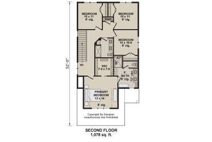 Second Floor: 4BR, 2BA, WIC, linen closet, stairs. All rooms have 8' ceilings. House Plan # 098-00699 Second Floor Floor Plan Drawing by America's Best House Plans, Inc.