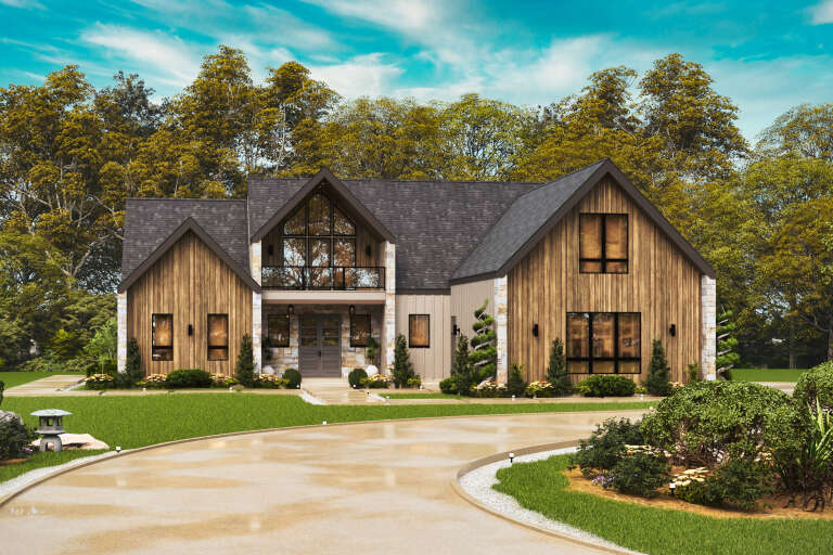 Wood-toned Modern Transitional, Angled Front Elevation, vertical siding, stone accents, glass balcony, and lush landscaping. House Plan # 699-00566 Digital Rendering by America's Best House Plans, Inc.