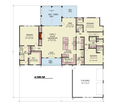 Main Floor: 3BR, 2.5BA, Family w/ fireplace, Kitchen, Dining, Mud, Ldry, 2-car garage, 3 WIC, Front/Rear Porch, Open Patio. House Plan # 699-00566 Main Floor  Floor Plan Drawing by America's Best House Plans, Inc.