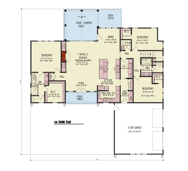 Main Floor: 3BR, 2.5BA, Family w/ fireplace, Kitchen, Dining, Mud, Ldry, 2-car garage, 3 WIC, Front/Rear Porch, Open Patio. House Plan # 699-00566 Main Floor  Floor Plan Drawing by America's Best House Plans, Inc.