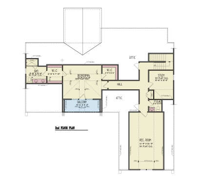 Second Floor: 1BR, 1.5BA, Study, Rec Room, Balcony, 2 WICs, stairs, attic access. Vaulted ceilings in BR and Rec Room. House Plan # 699-00566 Second Floor Floor Plan Drawing by America's Best House Plans, Inc.