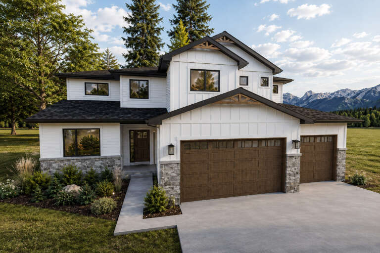 White Craftsman, Angled Front Elevation, board-and-batten siding, stone base, wood garage doors, sconces, landscaping. House Plan # 4350-00001 Digital Rendering by America's Best House Plans, Inc.