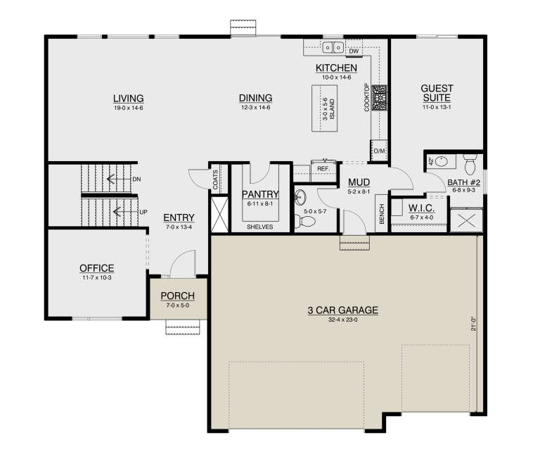 Main Floor: 1BR, 1.5BA, Office, Living, Dining, Kitchen, Pantry, Mud, 3-car garage, WIC, Porch, Stairs. Unheated: garage/porch. House Plan # 4350-00001 Main Floor  Floor Plan Drawing by America's Best House Plans, Inc.