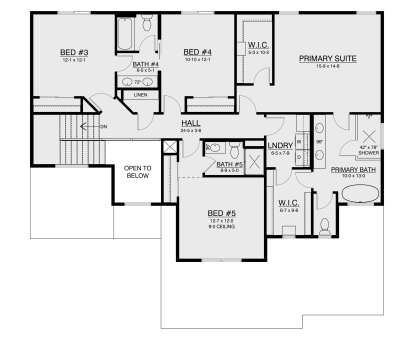 Second Floor: 3BR, 2BA, Primary Suite, Ldry, 2 WIC, Linen closet, stairs, open to below. 9' ceiling in Bed #5. House Plan # 4350-00001 Second Floor Floor Plan Drawing by America's Best House Plans, Inc.