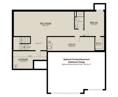 Basement: 1BR, 1BA, Rec Room, Utility, Storage, WIC, stairs. Optional 836 sq ft finished heated space. House Plan # 4350-00001 Basement Floor Plan Drawing by America's Best House Plans, Inc.
