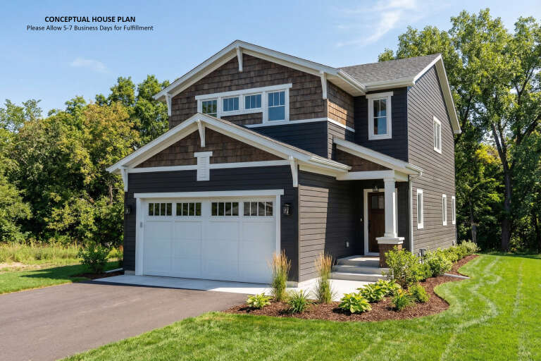 Charcoal Craftsman, Angled Front Elevation, cedar shakes, lap siding, white garage door, porch column, lush landscaping. House Plan # 098-00700 Digital Rendering by America's Best House Plans, Inc.