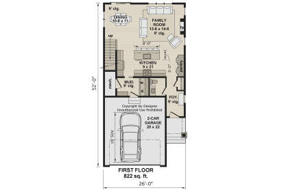 Main Floor: Kitchen, Dining, Family, 0.5 Bath, Mud, Foyer, Pantry, 2-car garage, stairs, FP, 9' ceilings. Unheated: garage. House Plan # 098-00700 Main Floor  Floor Plan Drawing by America's Best House Plans, Inc.