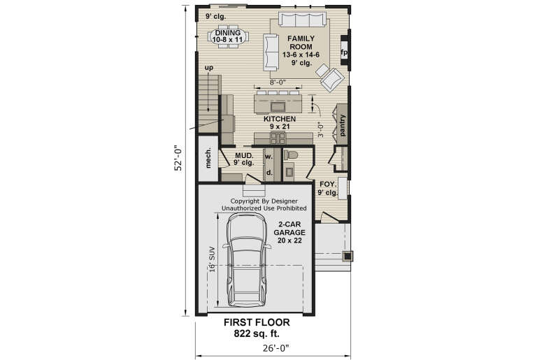 Main Floor: Kitchen, Dining, Family, 0.5 Bath, Mud, Foyer, Pantry, 2-car garage, stairs, FP, 9' ceilings. Unheated: garage. House Plan # 098-00700 Main Floor  Floor Plan Drawing by America's Best House Plans, Inc.