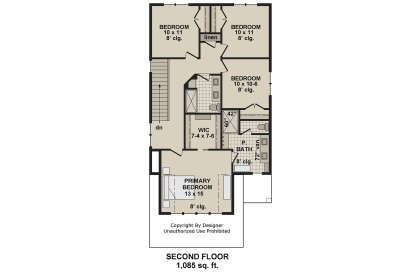 Second Floor: 4BR, 2BA, WIC, linen closet, stairs. All rooms have 8' ceilings. 1,085 sq. ft. House Plan # 098-00700 Second Floor Floor Plan Drawing by America's Best House Plans, Inc.