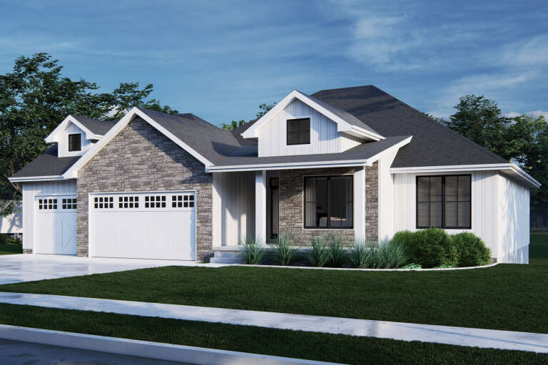 White Modern Farmhouse, Angled Front Elevation, stone veneer, vertical siding, dark roof, manicured lawn, shrubs. House Plan # 7140-00018 Digital Rendering by America's Best House Plans, Inc.