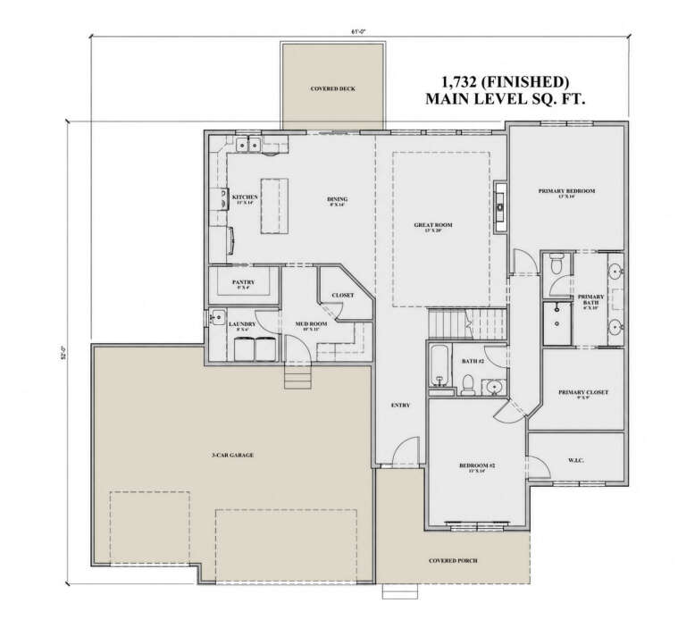 Main Floor: 2BR, 2BA, Great Room, Kitchen, Dining, Pantry, Ldry, Mud room, 3-car garage, Covered Deck/Porch, Fireplace, WIC. House Plan # 7140-00018 Main Floor  Floor Plan Drawing by America's Best House Plans, Inc.