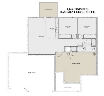 Basement: 2 BR, 1 BA, Rec Room, Wet Bar, Stairs, Covered Patio. Unheated: Mech/Storage, Unexcavated areas. 1,146 finished sqft. House Plan # 7140-00018 Basement Floor Plan Drawing by America's Best House Plans, Inc.