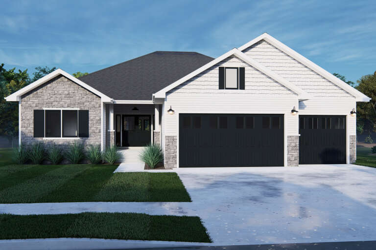 White Traditional, Front Elevation with stone veneer, horizontal siding, black garage doors, shutters, and lawn landscaping. House Plan # 7140-00019 Digital Rendering by America's Best House Plans, Inc.