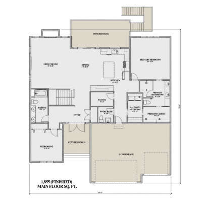 Main Floor: 2BR, 2.5BA, Great Room, Dining, Kitchen, Pantry, Ldry/Mud, 3-car garage, stairs, covered deck, covered porch. House Plan # 7140-00019 Main Floor  Floor Plan Drawing by America's Best House Plans, Inc.