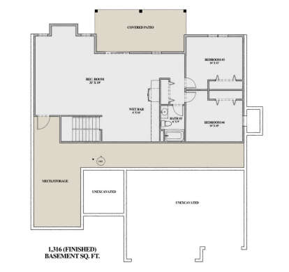 Basement: 2 BR, 1 BA, Rec Room, Wet Bar, Stairs, Covered Patio. Mech/Storage, Unexcavated areas. 1,316 finished sq. ft. House Plan # 7140-00019 Basement Floor Plan Drawing by America's Best House Plans, Inc.