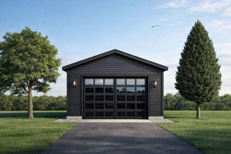 Black Modern Front Elevation, horizontal lap siding, glass-paneled garage door, wall sconces, concrete base, grassy yard. House Plan # 2524-00006 Digital Rendering by America's Best House Plans, Inc.