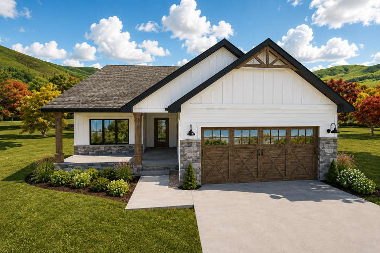 White Modern Farmhouse, Angled Front Elevation, board-and-batten siding, stone base, wood garage doors, porch, landscaping. House Plan # 4350-00002 Digital Rendering by America's Best House Plans, Inc.