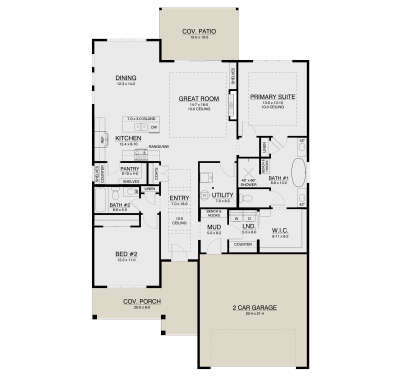 Main Floor: 2BR, 2BA, Great Room, Kitchen, Dining, Pantry, Mud, Ldry, 2-car garage, Cov. Patio & Porch. 10' ceilings. House Plan # 4350-00002 Main Floor  Floor Plan Drawing by America's Best House Plans, Inc.