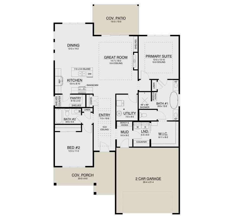 Main Floor: 2BR, 2BA, Great Room, Kitchen, Dining, Pantry, Mud, Ldry, 2-car garage, Cov. Patio & Porch. 10' ceilings. House Plan # 4350-00002 Main Floor  Floor Plan Drawing by America's Best House Plans, Inc.