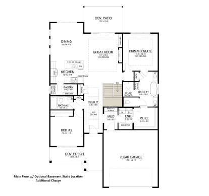 Main Floor w/ Basement Stairs: 2BR, 2BA, Great Rm, Kitchen, Dining, Pantry, Mud, Ldry, WIC, 2-car garage, Cov. Porch & Patio. House Plan # 4350-00002 Main Floor w/ Basement Stairs Location Floor Plan Drawing by America's Best House Plans, Inc.