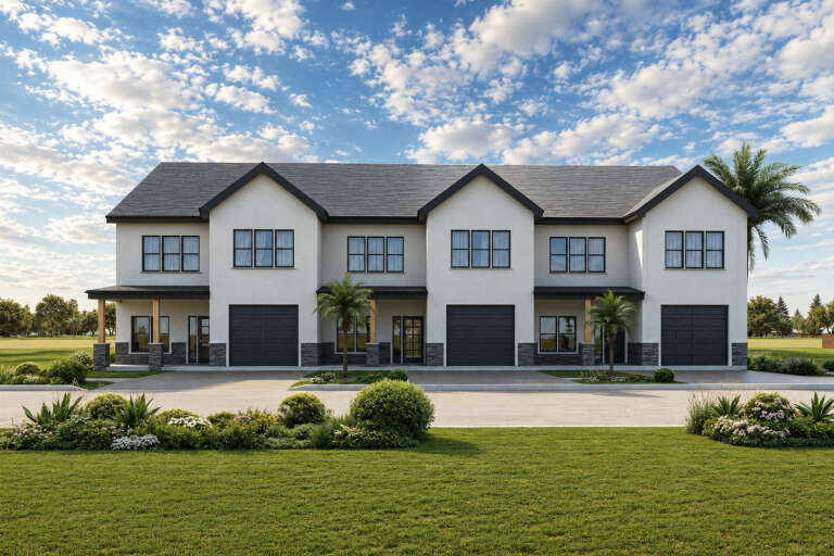 White Contemporary, Front Elevation with stucco, stone base, black garage doors, wood porch posts, and tropical landscaping. House Plan # 4100-00055 Digital Rendering by America's Best House Plans, Inc.