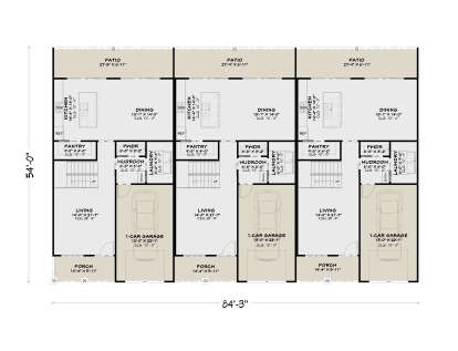 Main Floor: 3-unit townhouse, each: Living, Kitchen, Dining, Pantry, Mudroom, Ldry, PWDR, 1-car garage, Patio, Porch, Stairs. House Plan # 4100-00055 Main Floor  Floor Plan Drawing by America's Best House Plans, Inc.