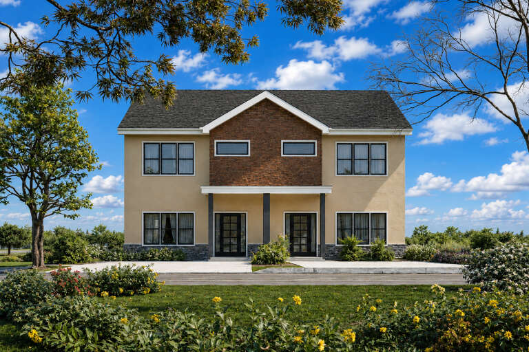Tan Contemporary Front Elevation, stone veneer accent, dark trim, dual glass doors, concrete patio, lush landscaping. House Plan # 4100-00056 Digital Rendering by America's Best House Plans, Inc.