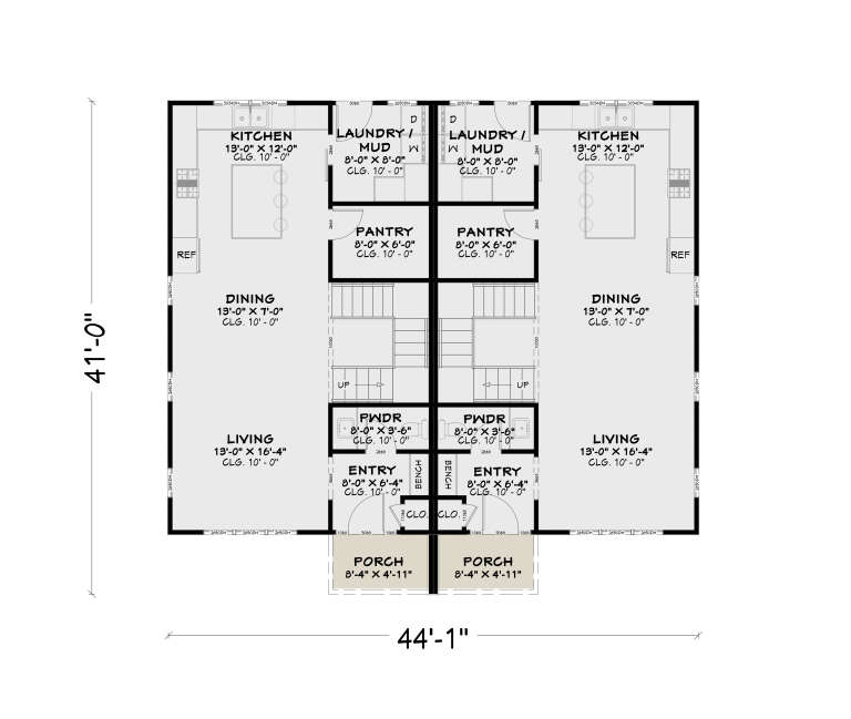 Main Floor: Dual unit plan, 2 Living, 2 Dining, 2 Kitchens, 2 Pwdr, 2 Ldry/Mud, 2 Pantry, 2 Entry, 2 Porch, 2 Stairs, 10' clg. House Plan # 4100-00056 Main Floor  Floor Plan Drawing by America's Best House Plans, Inc.