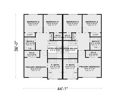 Second Floor: 6BR, 4BA, 4 WIC, 2 standard closets, 2 sets of stairs, 2 open-to-below areas. 10' ceilings throughout. House Plan # 4100-00056 Second Floor Floor Plan Drawing by America's Best House Plans, Inc.