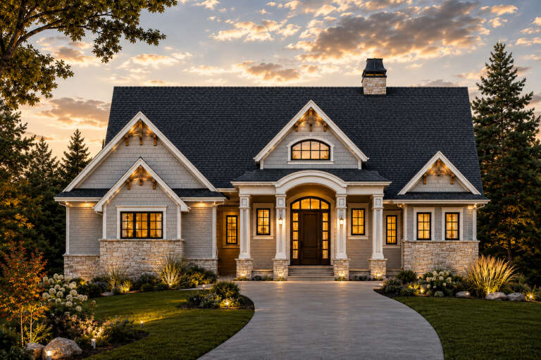 Grey Craftsman, Front Elevation, stone base, shingle siding, arched entryway, lit porch, sunset sky, lush landscaping. House Plan # 6102-00008 Digital Rendering by America's Best House Plans, Inc.