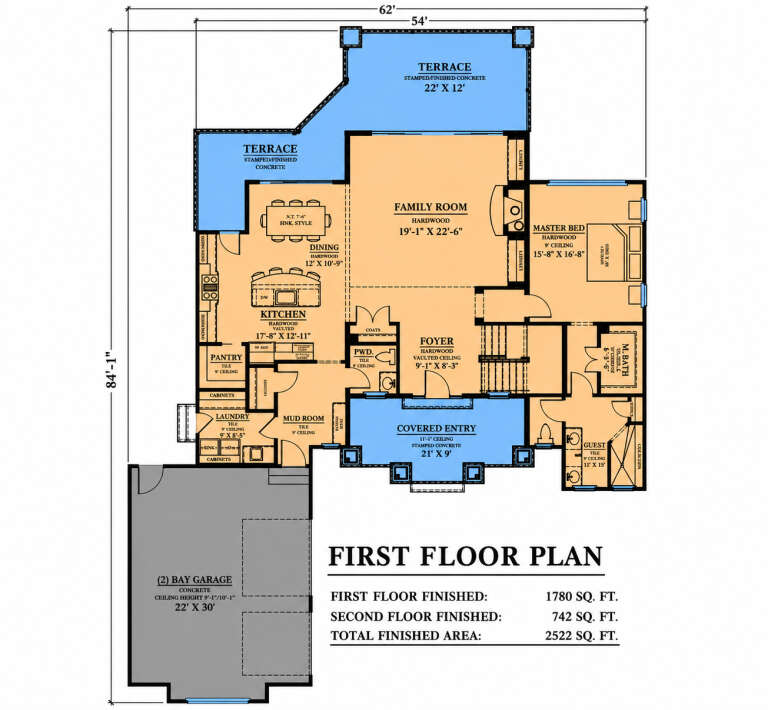 Main Floor: 2BR, 2.5BA, Kitchen, Dining, Family, Pantry, Ldry, Mud, 2-car garage, Terrace, Covered Entry, Vaulted ceilings. House Plan # 6102-00008 Main Floor  Floor Plan Drawing by America's Best House Plans, Inc.