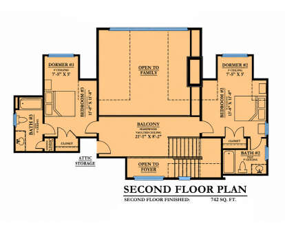 Second Floor: 2BR, 2BA, Balcony, Attic Storage, stairs. Open to Family/Foyer below. 9' ceilings, dormers. House Plan # 6102-00008 Second Floor Floor Plan Drawing by America's Best House Plans, Inc.