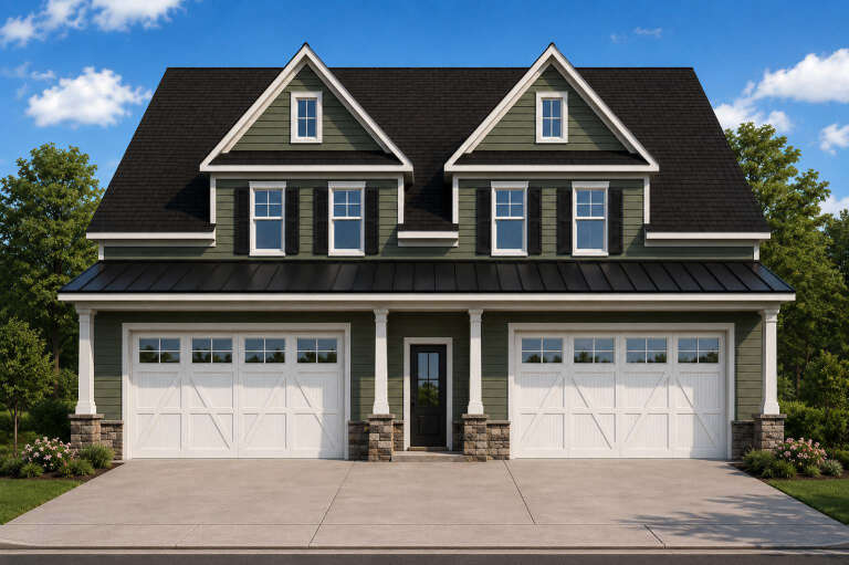 Olive Green Craftsman, Front Elevation with lap siding, stone base, white carriage garage doors, and metal porch roof. House Plan # 6082-00233 Digital Rendering by America's Best House Plans, Inc.