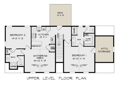 Second Floor: 2BR, 2BA, Kitchen, Gathering Area, Deck, Attic Storage, Stairs, Ldry closet. Vaulted ceilings in BR1 & Gathering. House Plan # 6082-00233 Second Floor Floor Plan Drawing by America's Best House Plans, Inc.