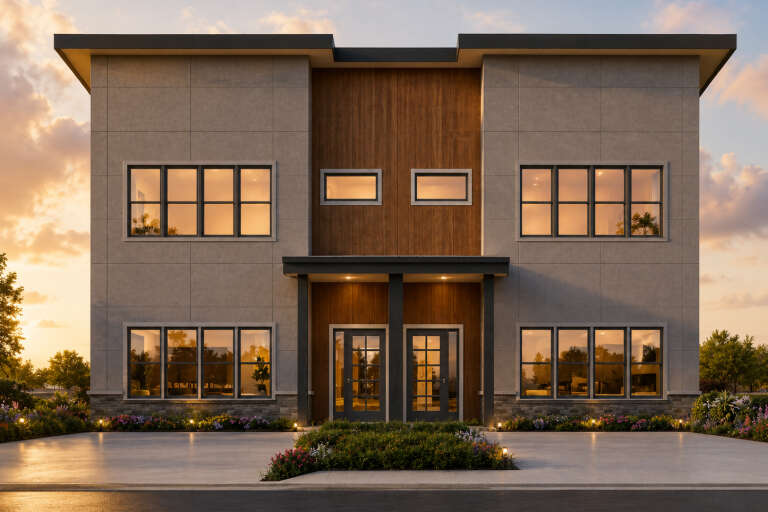 Grey Contemporary Front Elevation, concrete and wood siding, lit windows, stone base, porch lights, lush landscaping. House Plan # 4100-00057 Digital Rendering by America's Best House Plans, Inc.