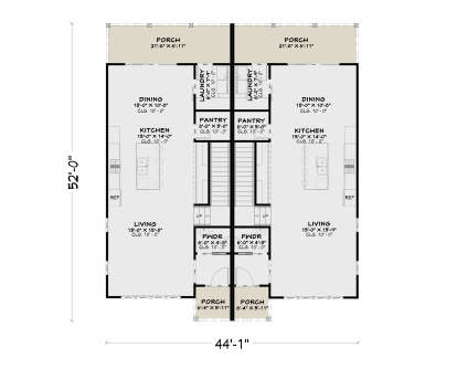Main Floor: Duplex, 2 units. Each: Living, Kitchen, Dining, Pantry, Ldry, PWDR, stairs, 2 porches. 10' ceilings. House Plan # 4100-00057 Main Floor  Floor Plan Drawing by America's Best House Plans, Inc.