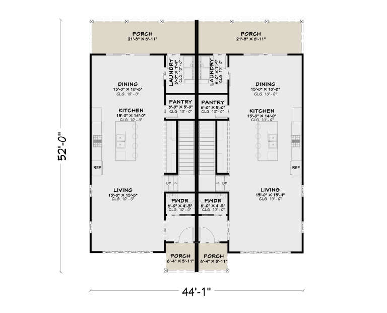 Main Floor: Duplex, 2 units. Each: Living, Kitchen, Dining, Pantry, Ldry, PWDR, stairs, 2 porches. 10' ceilings. House Plan # 4100-00057 Main Floor  Floor Plan Drawing by America's Best House Plans, Inc.