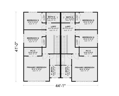 Second Floor: 6BR, 4BA, 2 Lofts, 2 WICs, 4 closets, 2 sets of stairs. 10' ceilings throughout. Duplex floor plan. House Plan # 4100-00057 Second Floor Floor Plan Drawing by America's Best House Plans, Inc.