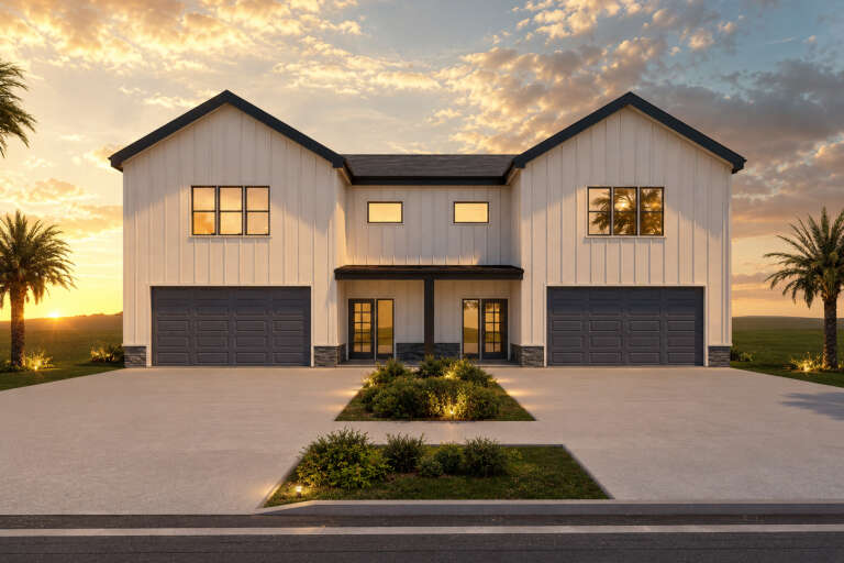 White Modern Farmhouse, Front Elevation at sunset, board-and-batten siding, dark garage doors, palms, and lit landscaping. House Plan # 4100-00058 Digital Rendering by America's Best House Plans, Inc.
